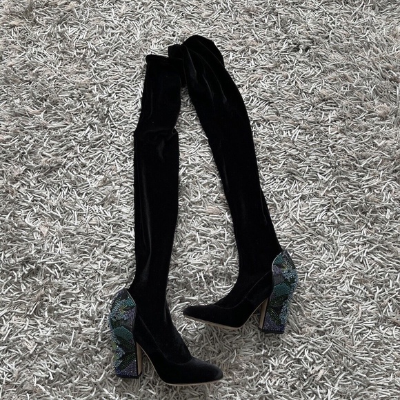 Sergio Rossi Black EMBELLISHED VELVET Over Knee Boots Shoes Sz 5.5 US NEW - Picture 5 of 12